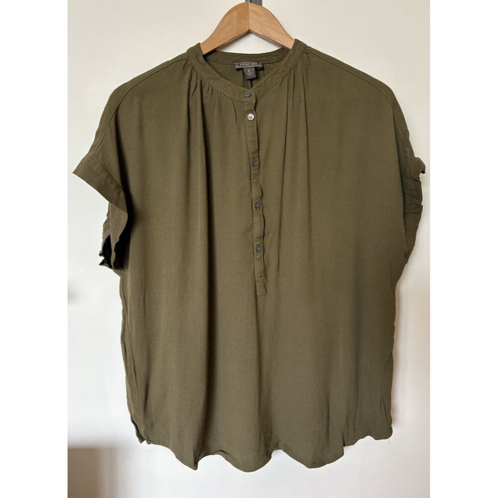 J Crew Point Sur Army Green Short Sleeve Drapey Popover Blouse Size Large